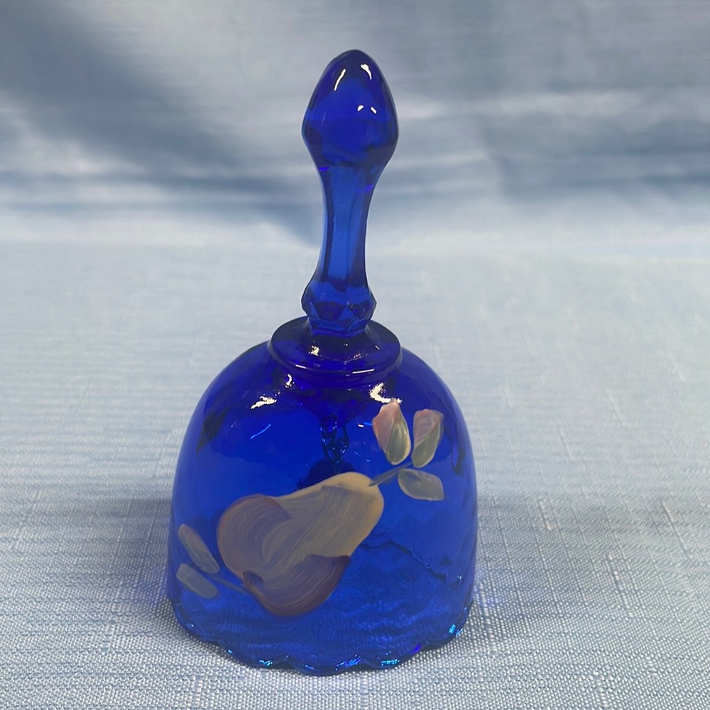 Fenton cobalt Blue Diamond Optic Bell ~ Hand Painted Pear/Signed